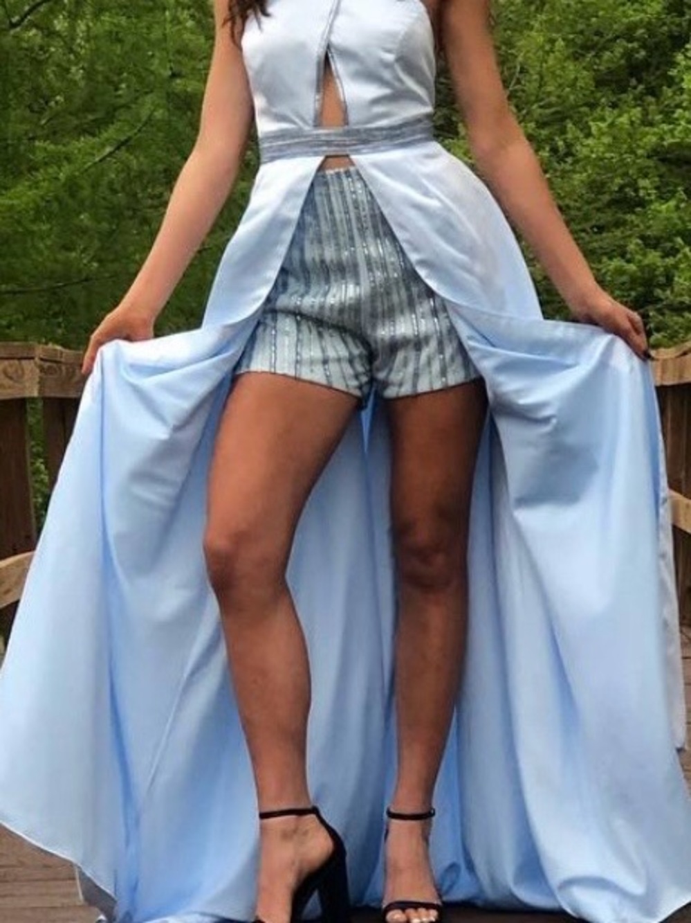 Rachel Allen 2 piece Light Blue Formal Evening Dress with Beaded Waist